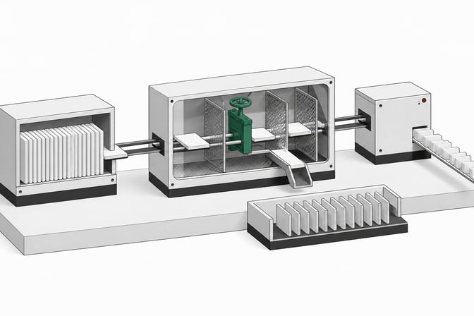 A three-stage hardware pipeline shows uniform code plates passing through a central filtering gate before only the cleared plates exit, illustrating a governance process for screening AI-generated code.