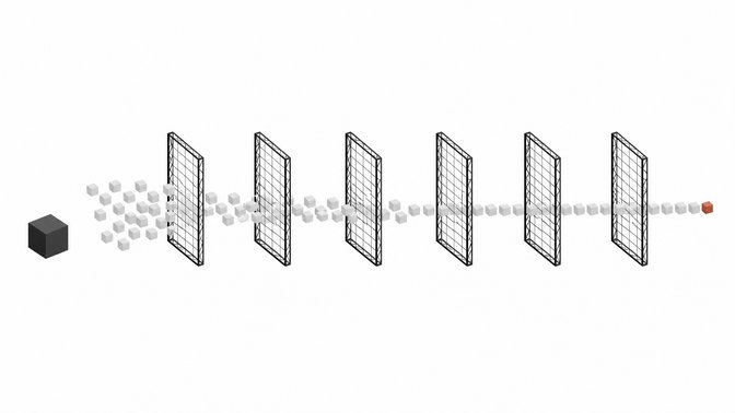 A row of six transparent inspection gates filtering a cluster of code blocks into an orderly aligned sequence, contrasted with a single sealed opaque block before the first gate.