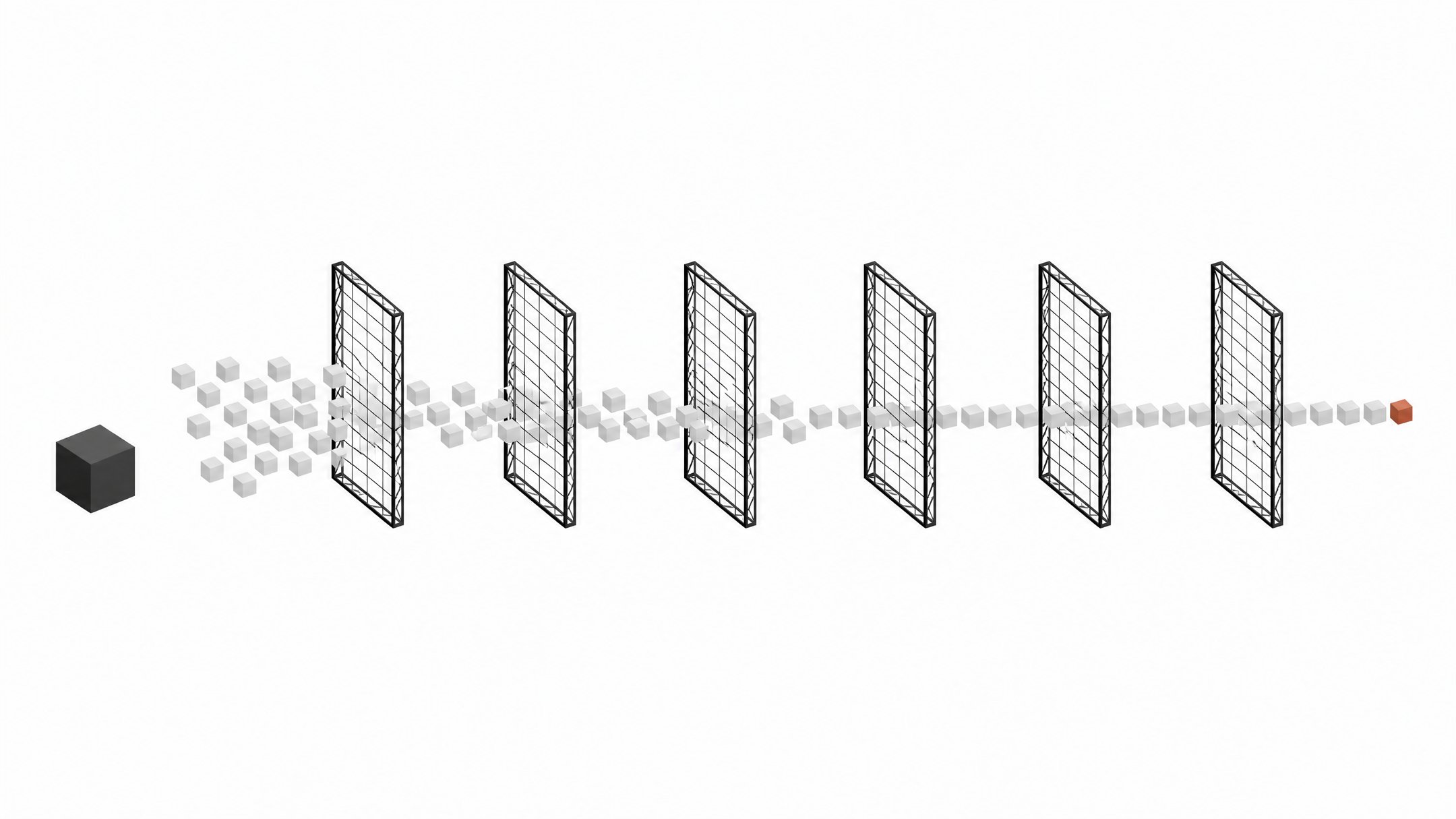 A row of six transparent inspection gates filtering a cluster of code blocks into an orderly aligned sequence, contrasted with a single sealed opaque block before the first gate.