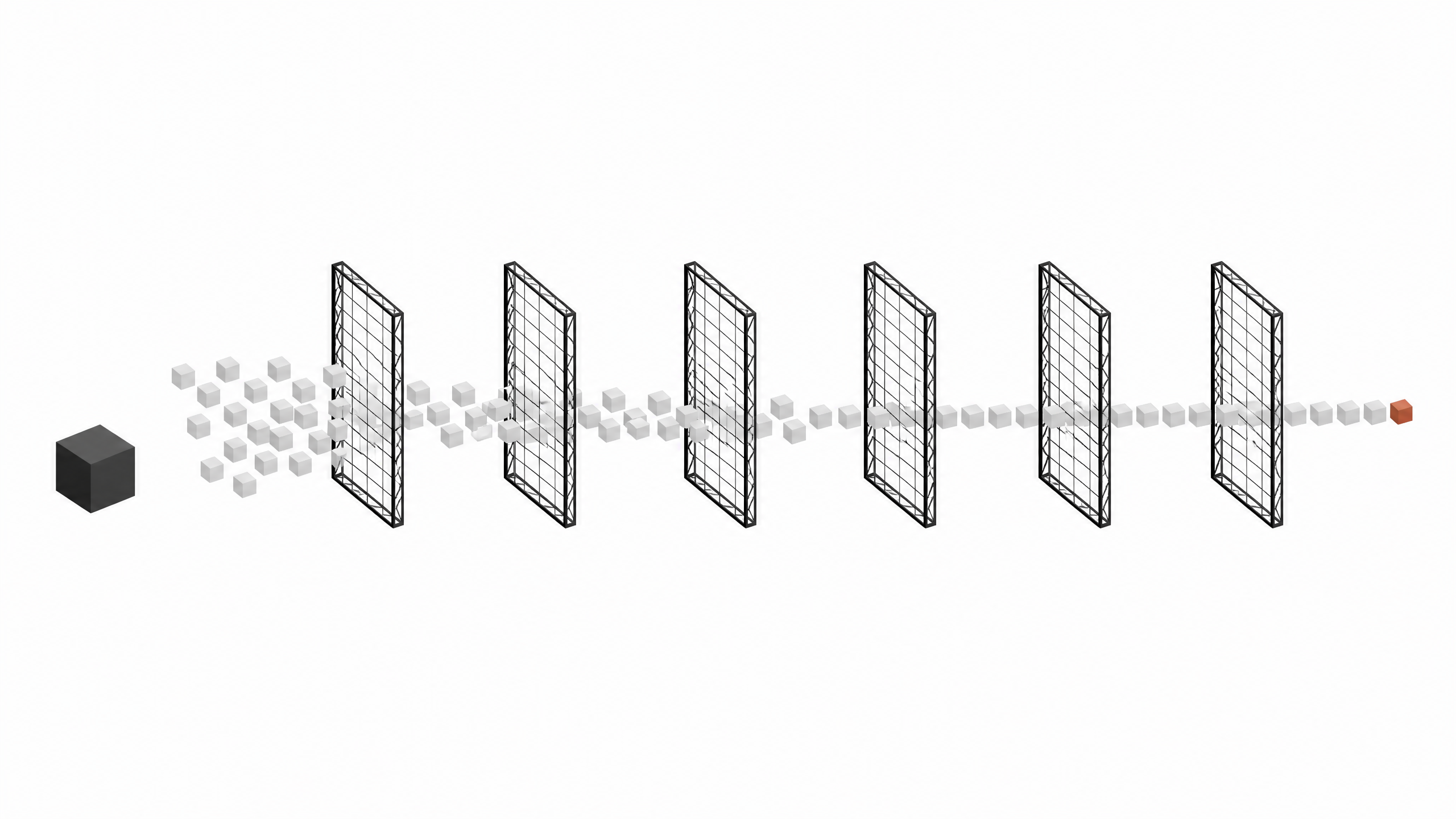 A row of six transparent inspection gates filtering a cluster of code blocks into an orderly aligned sequence, contrasted with a single sealed opaque block before the first gate.