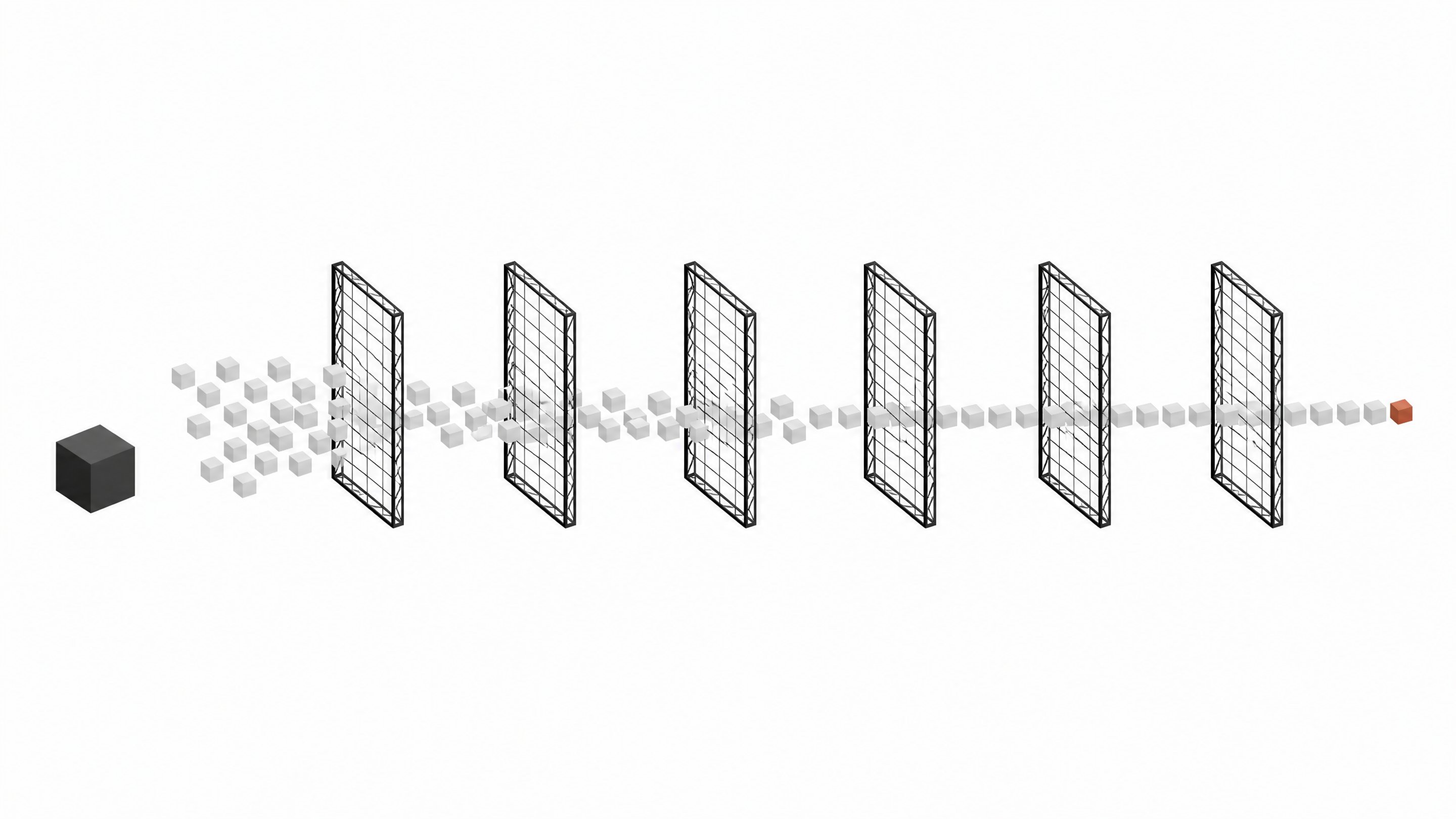 A row of six transparent inspection gates filtering a cluster of code blocks into an orderly aligned sequence, contrasted with a single sealed opaque block before the first gate.