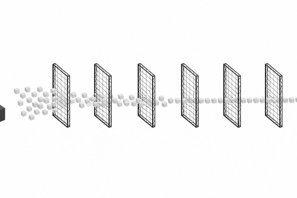 A row of six transparent inspection gates filtering a cluster of code blocks into an orderly aligned sequence, contrasted with a single sealed opaque block before the first gate.