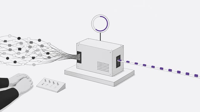 A boxy automated processing module converts a tangled bundle of varied admin-task tokens entering one side into a steady uniform stream of processed tokens exiting the other, with a progress dial on top and a pair of hands resting near a dormant control panel beside it.