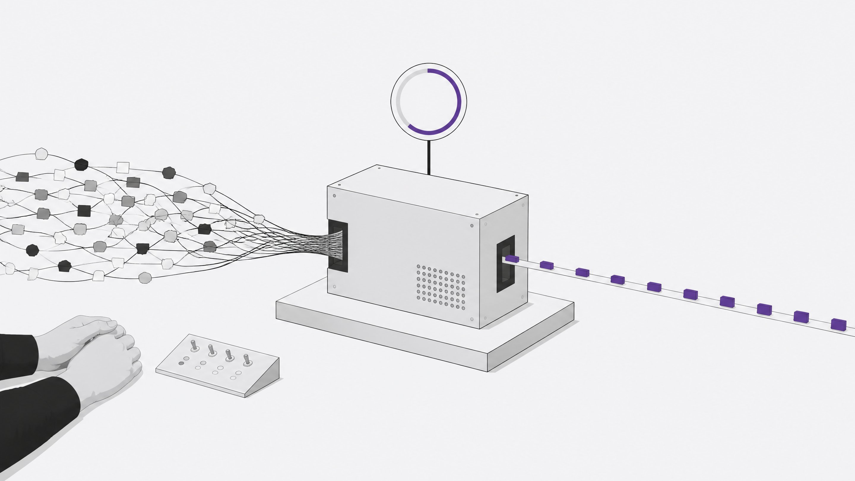 A boxy automated processing module converts a tangled bundle of varied admin-task tokens entering one side into a steady uniform stream of processed tokens exiting the other, with a progress dial on top and a pair of hands resting near a dormant control panel beside it.