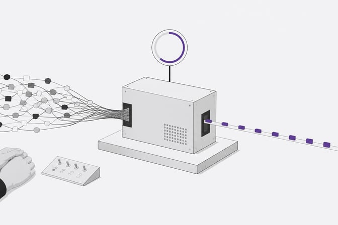 A boxy automated processing module converts a tangled bundle of varied admin-task tokens entering one side into a steady uniform stream of processed tokens exiting the other, with a progress dial on top and a pair of hands resting near a dormant control panel beside it.
