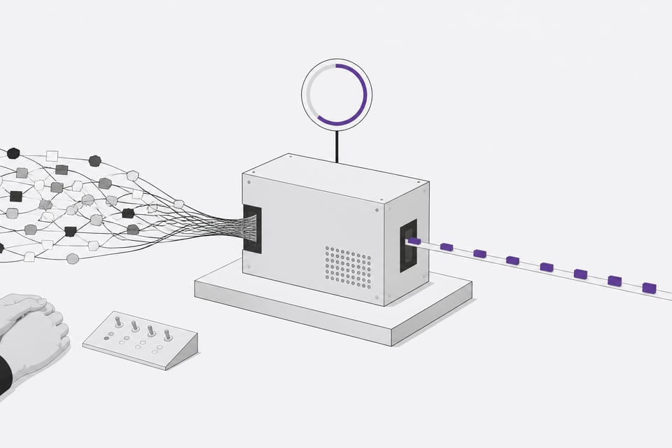 A boxy automated processing module converts a tangled bundle of varied admin-task tokens entering one side into a steady uniform stream of processed tokens exiting the other, with a progress dial on top and a pair of hands resting near a dormant control panel beside it.