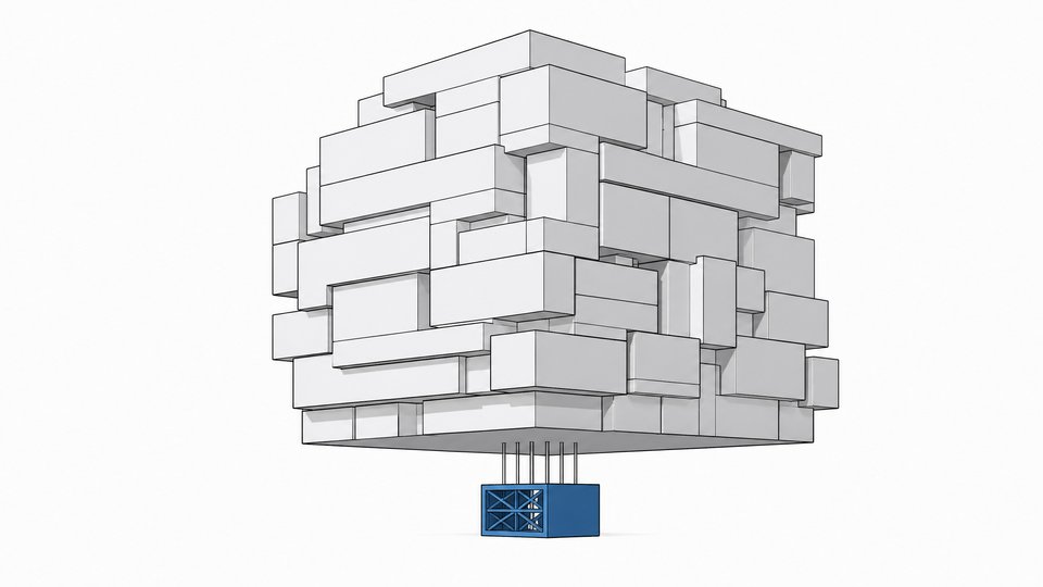 A huge opaque stack of software blocks resting its entire weight on one small open-structure component, illustrating dependence on a tiny open-source foundation.