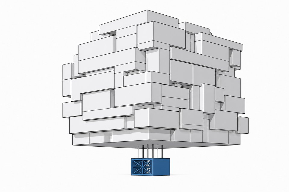 A huge opaque stack of software blocks resting its entire weight on one small open-structure component, illustrating dependence on a tiny open-source foundation.