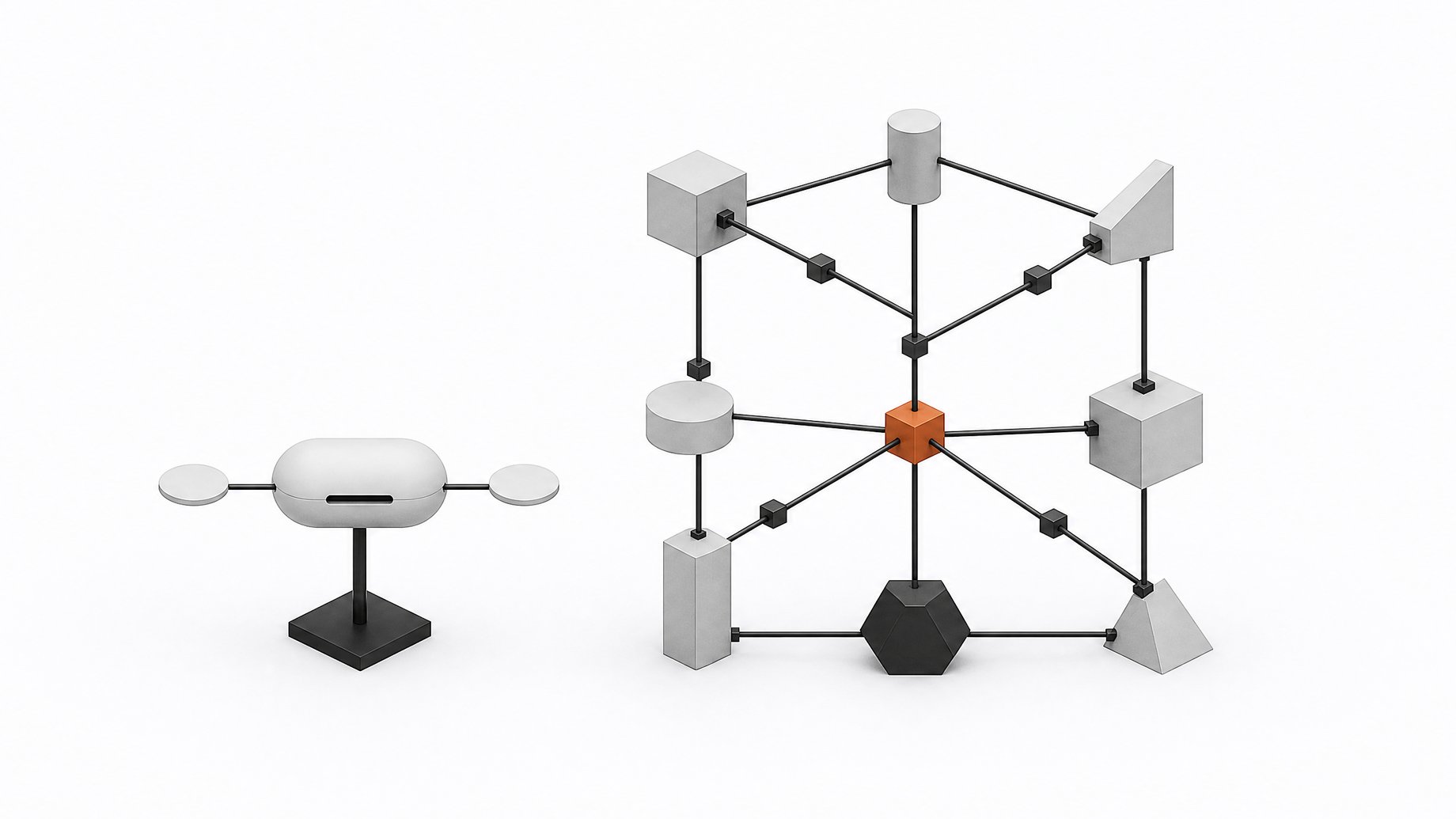 A sealed, opaque capsule representing a single wrapped API call sits beside a larger, open modular lattice representing custom-built internal software with visible internal connections.