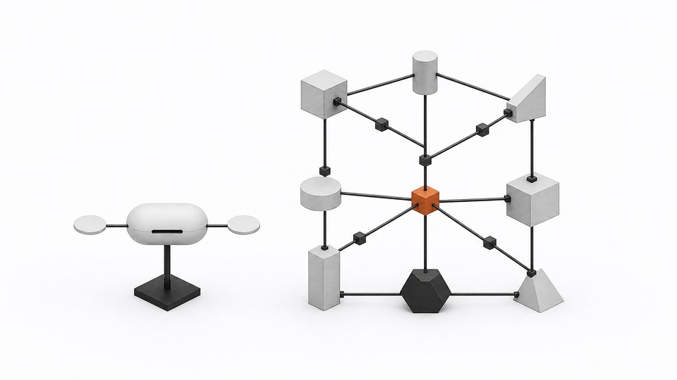 A sealed, opaque capsule representing a single wrapped API call sits beside a larger, open modular lattice representing custom-built internal software with visible internal connections.