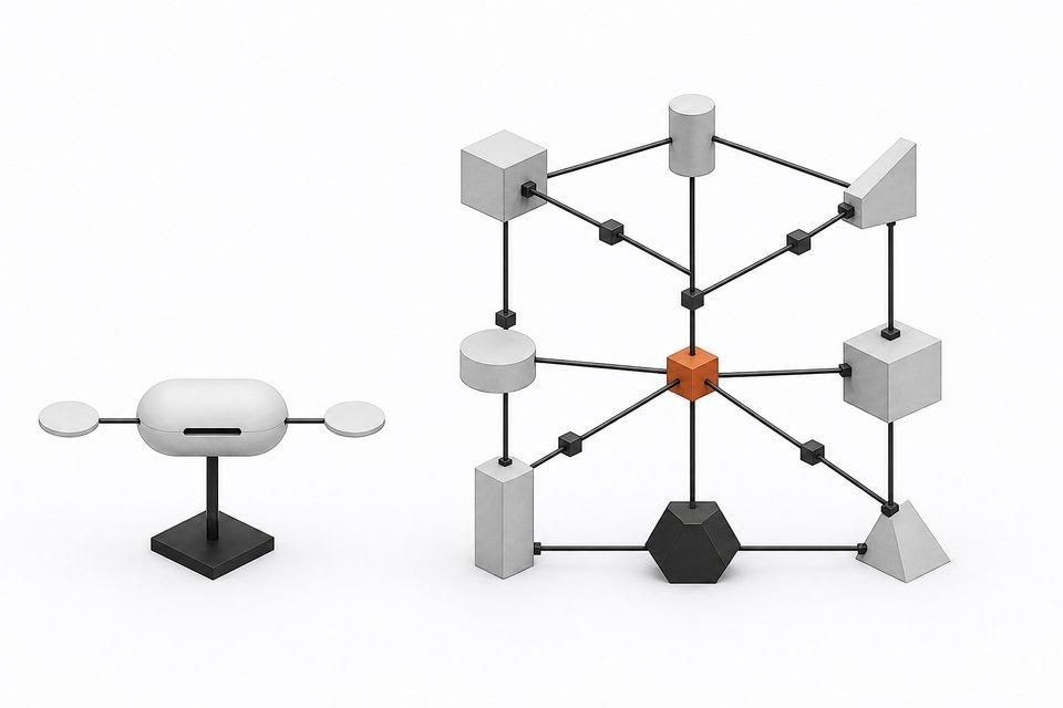 A sealed, opaque capsule representing a single wrapped API call sits beside a larger, open modular lattice representing custom-built internal software with visible internal connections.