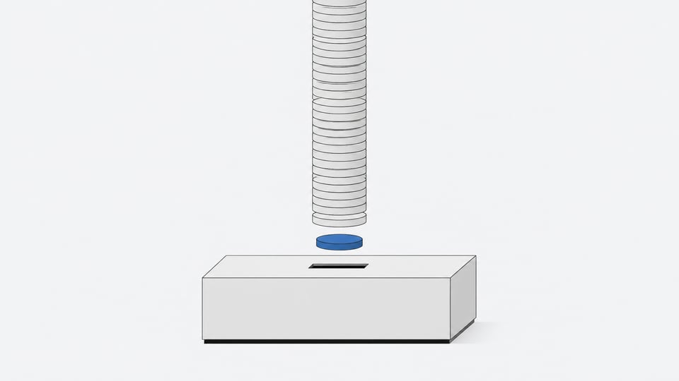 A single piece of hardware with a slot receiving one disc from an endless vertical stack of identical discs, representing recurring software charges layered onto a one-time device.