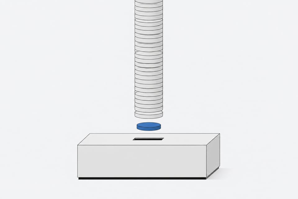 A single piece of hardware with a slot receiving one disc from an endless vertical stack of identical discs, representing recurring software charges layered onto a one-time device.