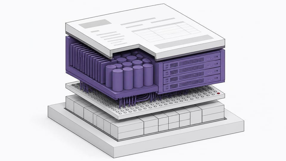 Cutaway diagram of a SaaS invoice as a layered module, with a disproportionately large data-center power-and-cooling layer stacked above a thin layer of actual software features.
