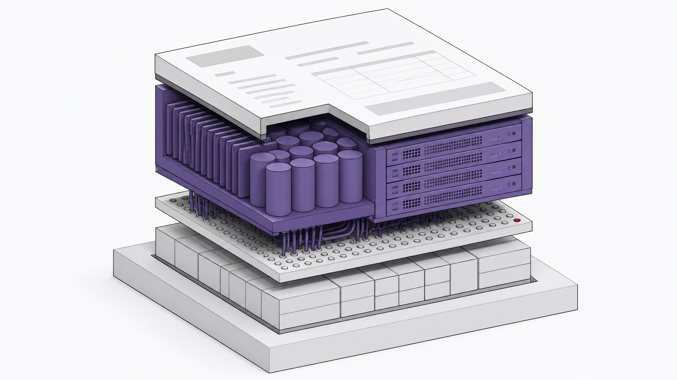 Cutaway diagram of a SaaS invoice as a layered module, with a disproportionately large data-center power-and-cooling layer stacked above a thin layer of actual software features.
