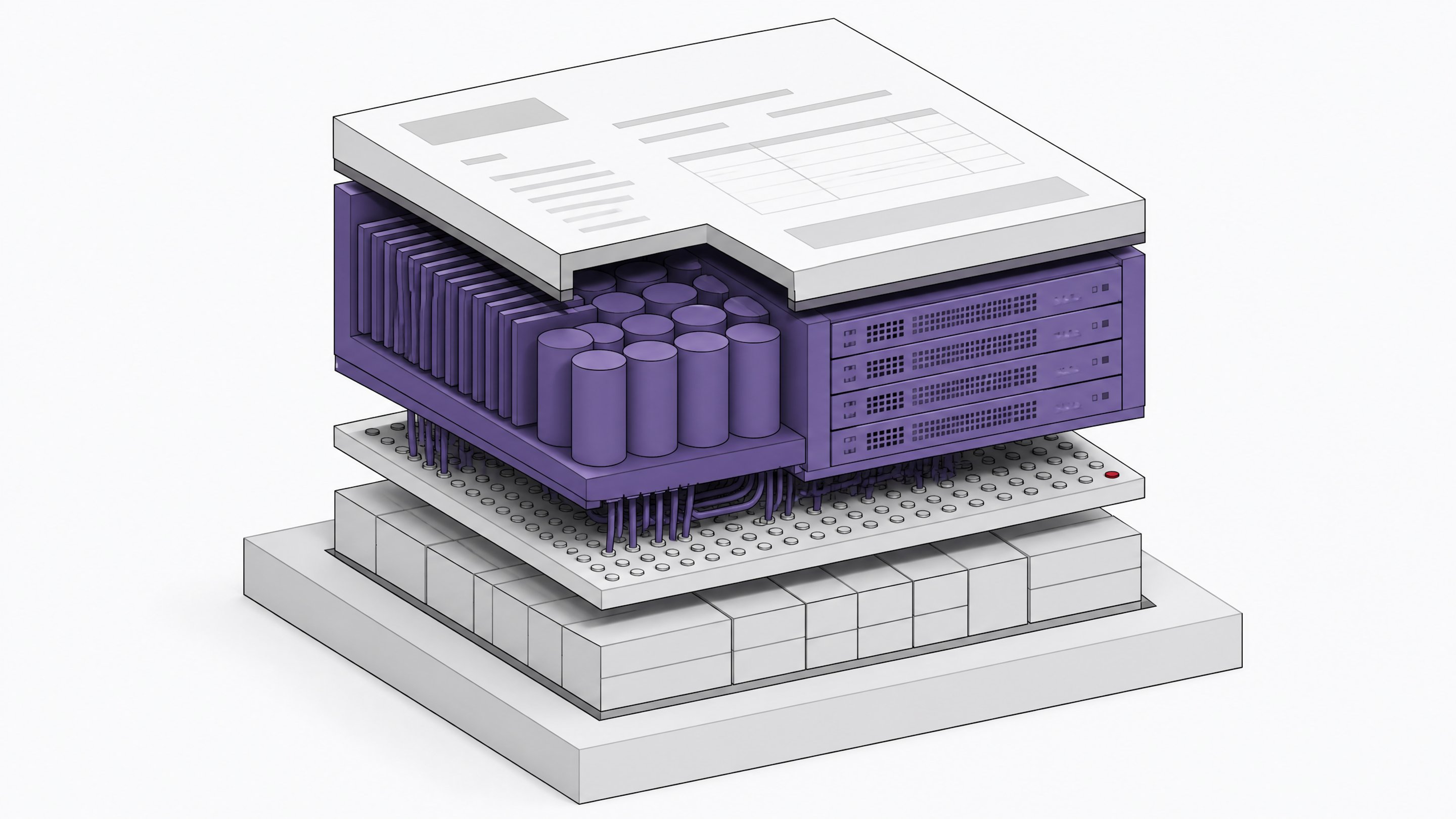 Cutaway diagram of a SaaS invoice as a layered module, with a disproportionately large data-center power-and-cooling layer stacked above a thin layer of actual software features.