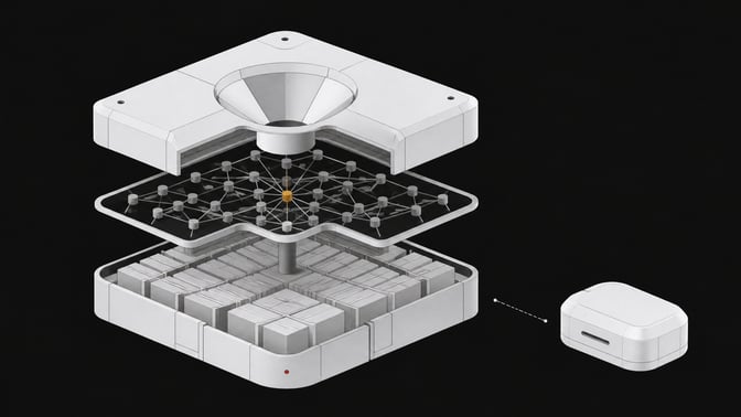 Exploded cutaway diagram of an internal company knowledge-base search system, shown as a layered modular unit beside a smaller sealed external module with a disconnected link between them.