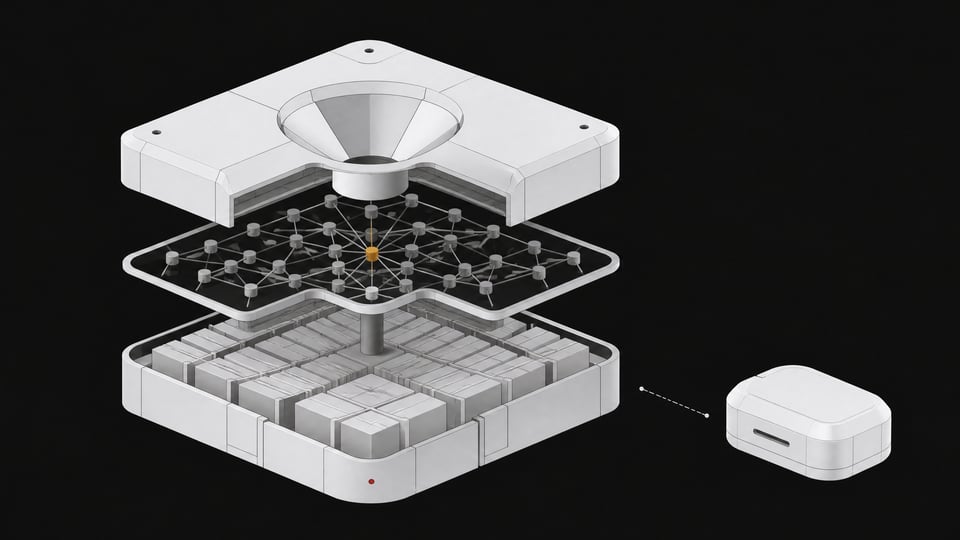 Exploded cutaway diagram of an internal company knowledge-base search system, shown as a layered modular unit beside a smaller sealed external module with a disconnected link between them.
