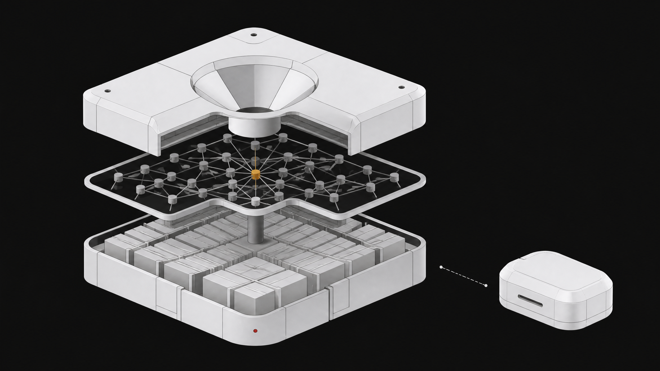 Exploded cutaway diagram of an internal company knowledge-base search system, shown as a layered modular unit beside a smaller sealed external module with a disconnected link between them.