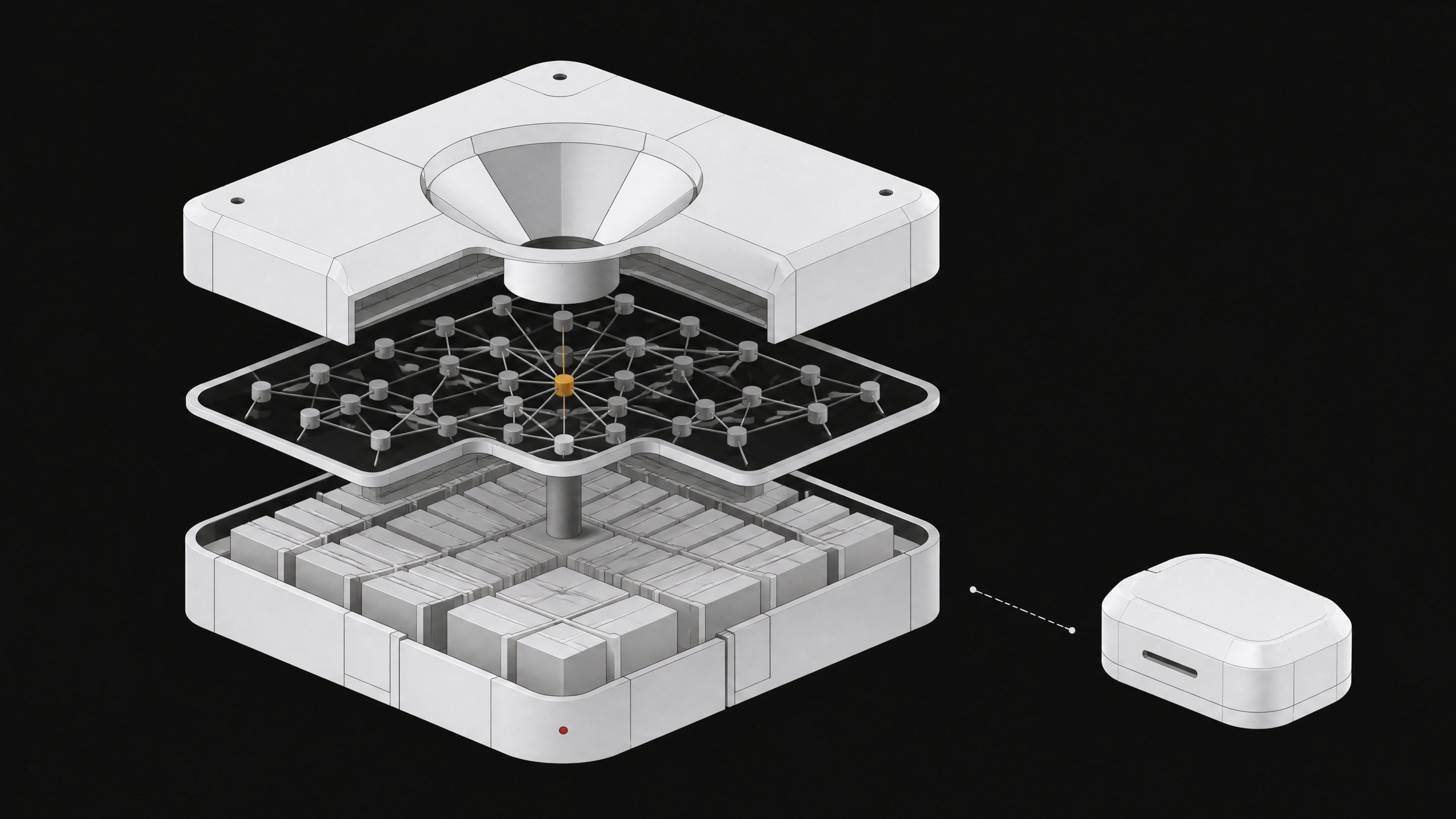 Exploded cutaway diagram of an internal company knowledge-base search system, shown as a layered modular unit beside a smaller sealed external module with a disconnected link between them.
