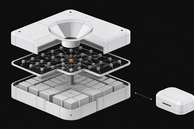 Exploded cutaway diagram of an internal company knowledge-base search system, shown as a layered modular unit beside a smaller sealed external module with a disconnected link between them.