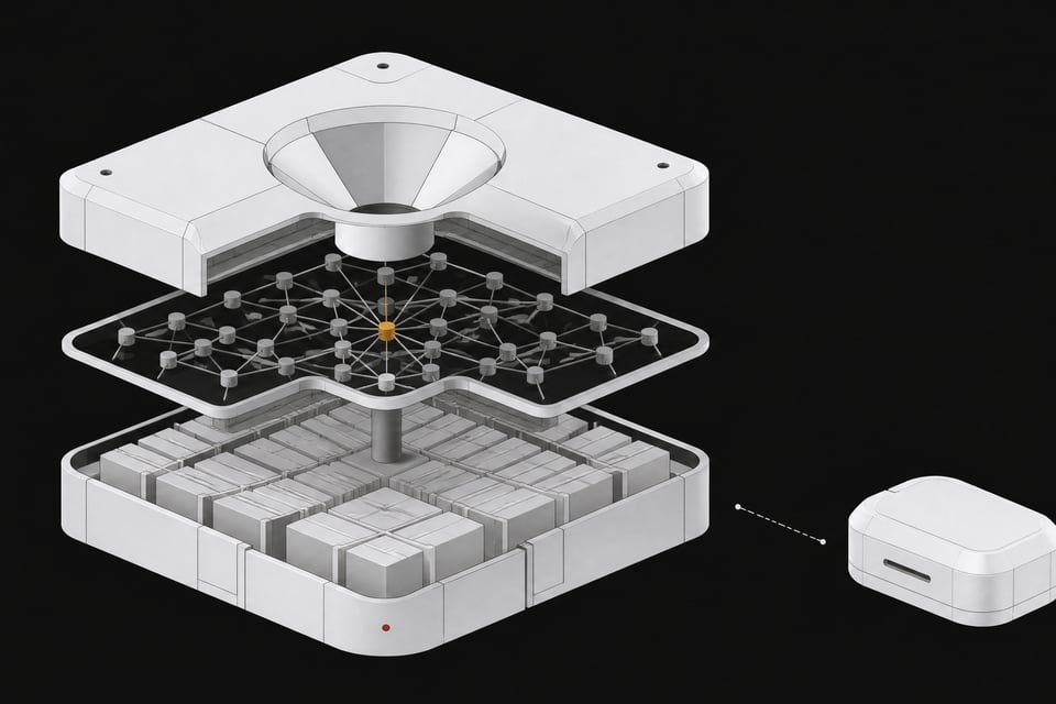 Exploded cutaway diagram of an internal company knowledge-base search system, shown as a layered modular unit beside a smaller sealed external module with a disconnected link between them.
