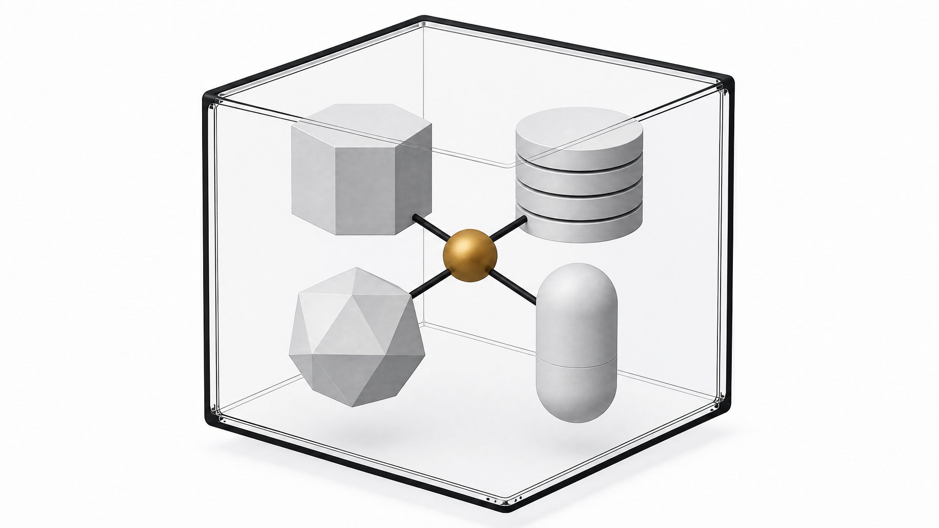 Cutaway illustration of a browser-shaped enclosure containing four connected internal modules representing a runtime, a tooling block, a solver, and an assistant, all linked to a central node with no external connections.