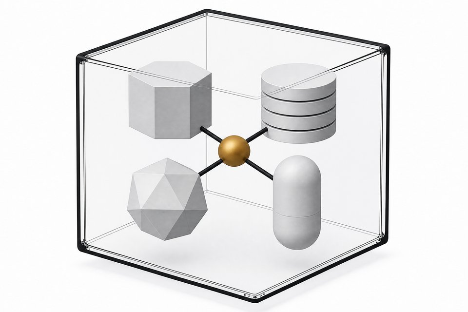 Cutaway illustration of a browser-shaped enclosure containing four connected internal modules representing a runtime, a tooling block, a solver, and an assistant, all linked to a central node with no external connections.