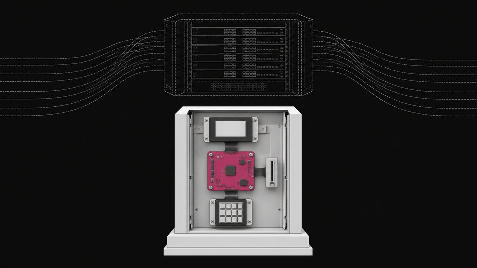 A self-contained terminal's internal hardware stack—circuit board, display module, keypad, and card slot—shown isolated beneath the faint outline of a much larger networked server system.