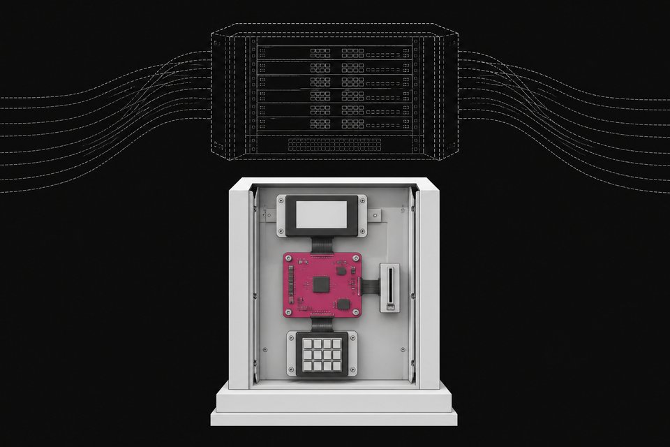 A self-contained terminal's internal hardware stack—circuit board, display module, keypad, and card slot—shown isolated beneath the faint outline of a much larger networked server system.