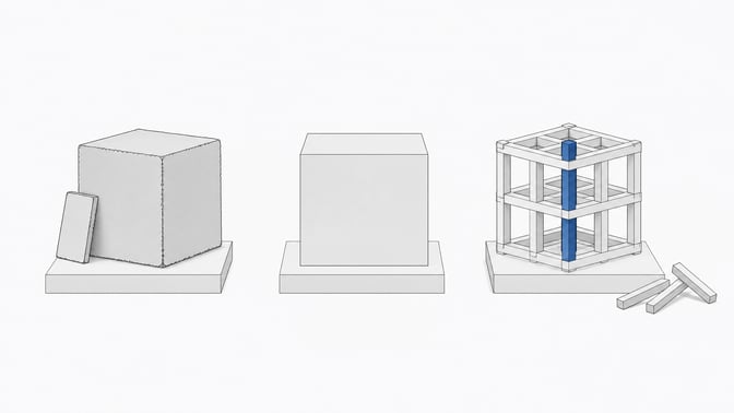 Three contrasting unlabeled structures — a roughly assembled cube, a sealed opaque block, and an open interlocking lattice — representing prototype, buy, and build approaches to internal software.