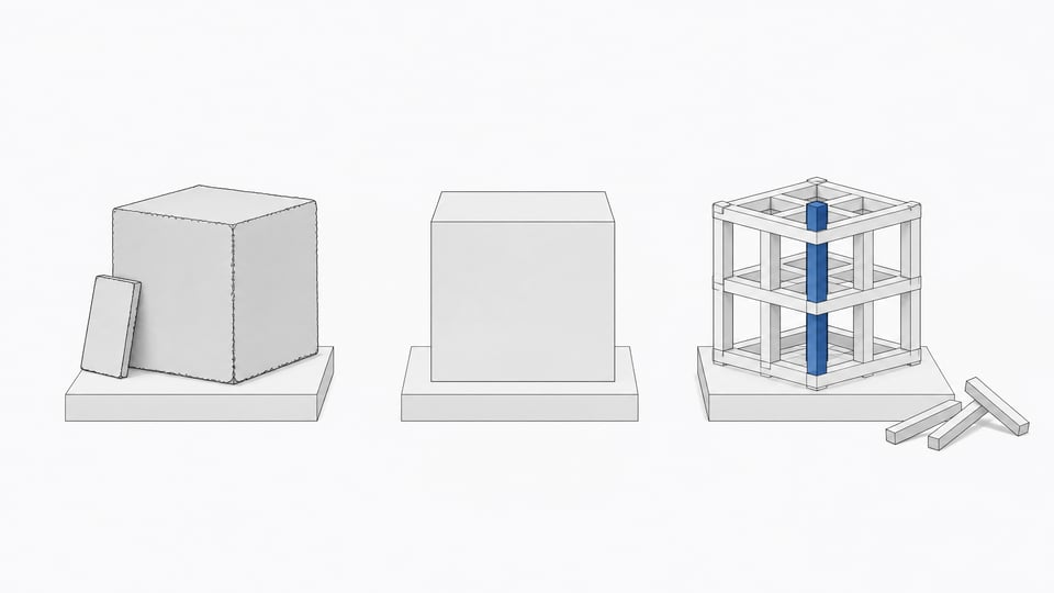 Three contrasting unlabeled structures — a roughly assembled cube, a sealed opaque block, and an open interlocking lattice — representing prototype, buy, and build approaches to internal software.