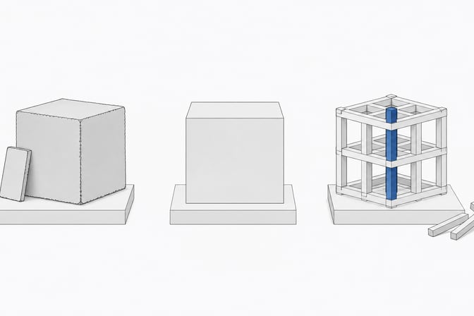 Three contrasting unlabeled structures — a roughly assembled cube, a sealed opaque block, and an open interlocking lattice — representing prototype, buy, and build approaches to internal software.