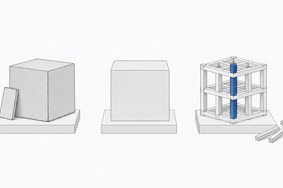 Three contrasting unlabeled structures — a roughly assembled cube, a sealed opaque block, and an open interlocking lattice — representing prototype, buy, and build approaches to internal software.