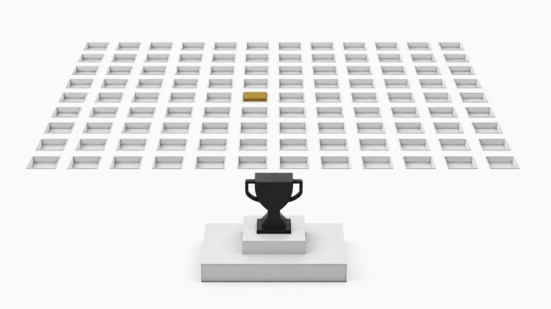 A trophy-shaped marker isolated on a pedestal in front of a large uniform grid of slots, with one slot in the grid highlighted in accent color, contrasting a single benchmark score against sustained, repeated real-world usage.