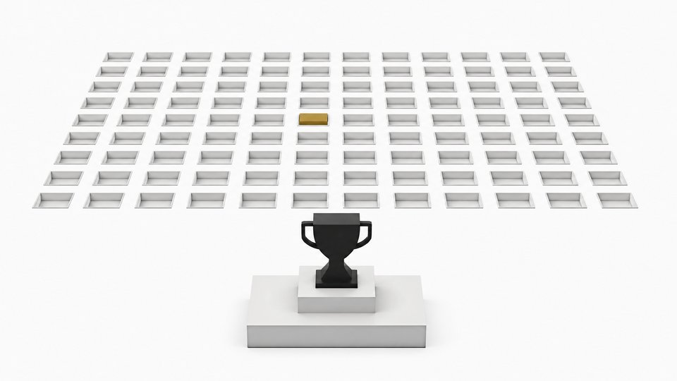 A trophy-shaped marker isolated on a pedestal in front of a large uniform grid of slots, with one slot in the grid highlighted in accent color, contrasting a single benchmark score against sustained, repeated real-world usage.
