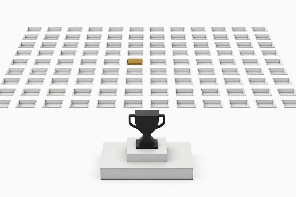 A trophy-shaped marker isolated on a pedestal in front of a large uniform grid of slots, with one slot in the grid highlighted in accent color, contrasting a single benchmark score against sustained, repeated real-world usage.