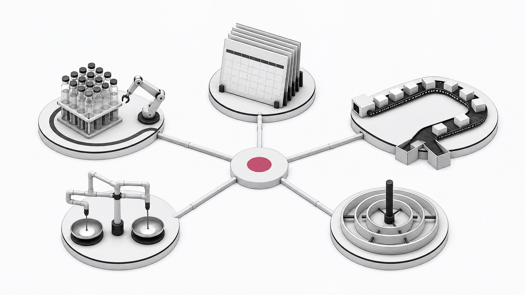Five self-contained automated workflow stations—lab vials, calendar plates, sorting conveyor, scale-and-pipe network, and rotating trays—each linked by conduits to a single central coordination hub.