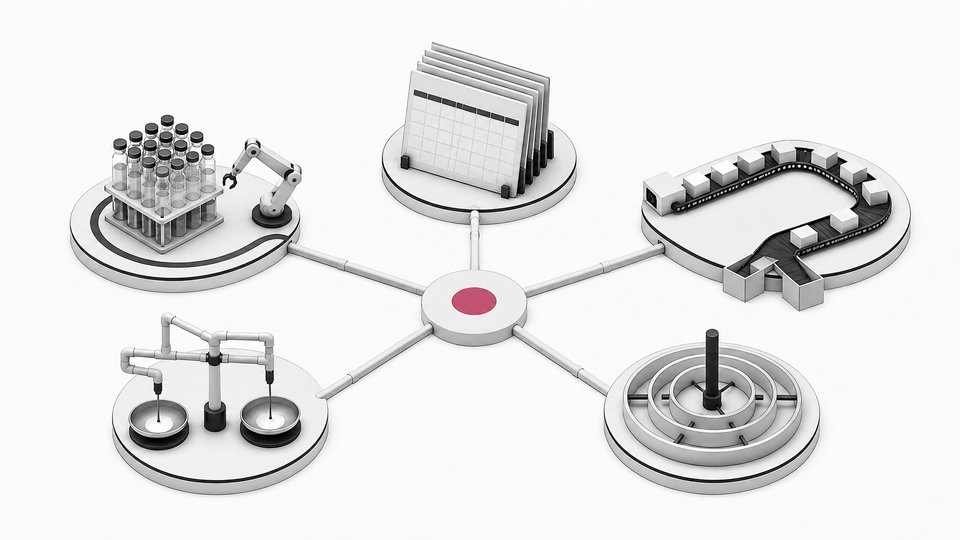Five self-contained automated workflow stations—lab vials, calendar plates, sorting conveyor, scale-and-pipe network, and rotating trays—each linked by conduits to a single central coordination hub.