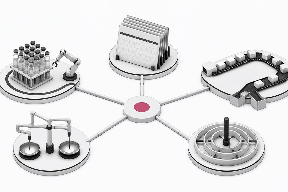Five self-contained automated workflow stations—lab vials, calendar plates, sorting conveyor, scale-and-pipe network, and rotating trays—each linked by conduits to a single central coordination hub.