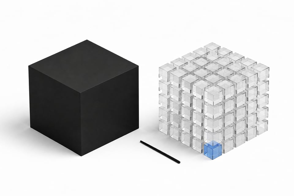 A sealed opaque cube next to an identical cube broken into many small transparent blocks, illustrating software decompiled into its many separable component parts.