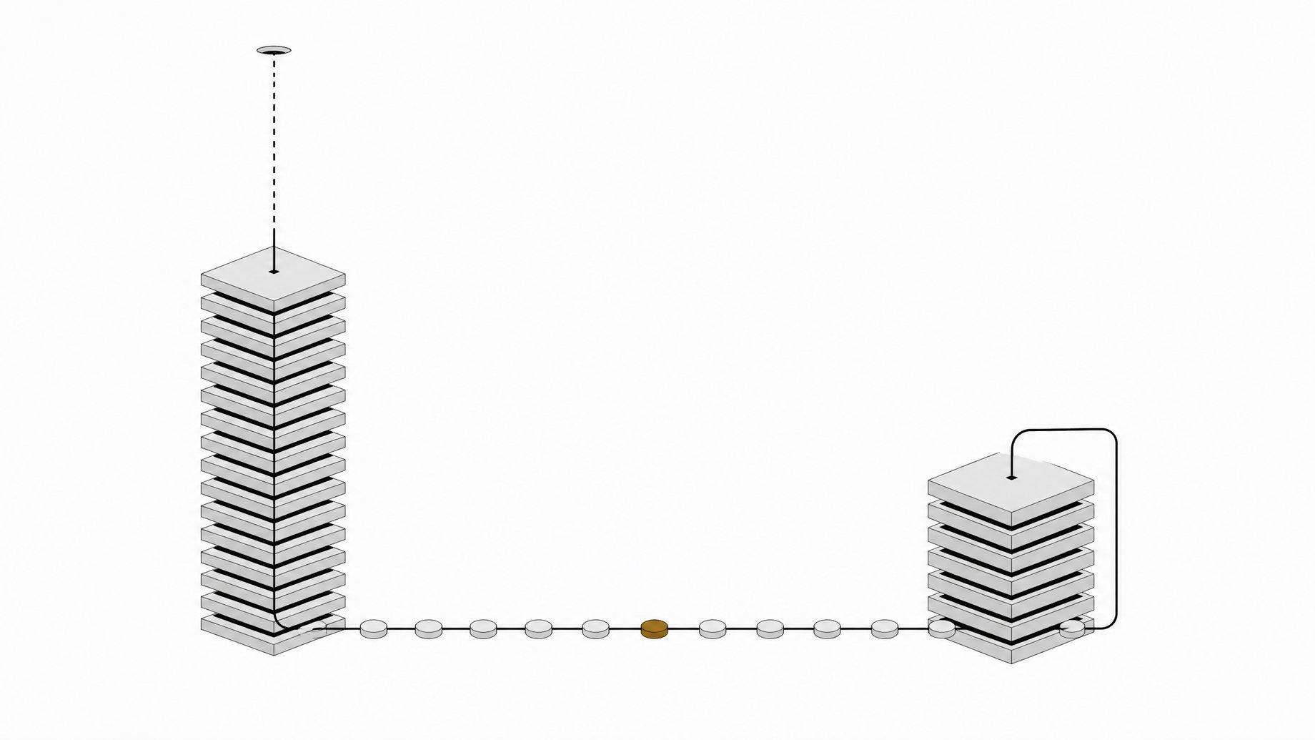 Illustration comparing cloud-based model inference, shown as a tall tower routing tokens to a distant endpoint, against local model inference, shown as a compact stack with a closed internal processing loop, connected by a conveyor of tokens.