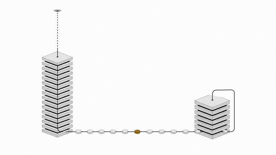 Illustration comparing cloud-based model inference, shown as a tall tower routing tokens to a distant endpoint, against local model inference, shown as a compact stack with a closed internal processing loop, connected by a conveyor of tokens.