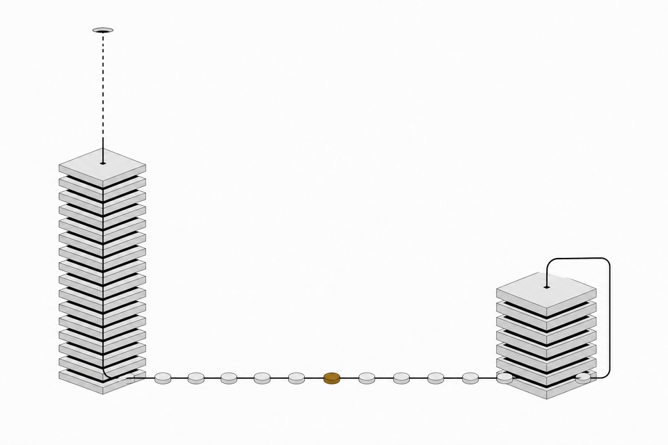 Illustration comparing cloud-based model inference, shown as a tall tower routing tokens to a distant endpoint, against local model inference, shown as a compact stack with a closed internal processing loop, connected by a conveyor of tokens.