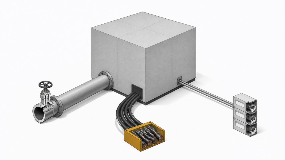 A sealed data-center module with three exposed conduits—water, power, and metering—radiating outward to show where cloud infrastructure costs actually travel.