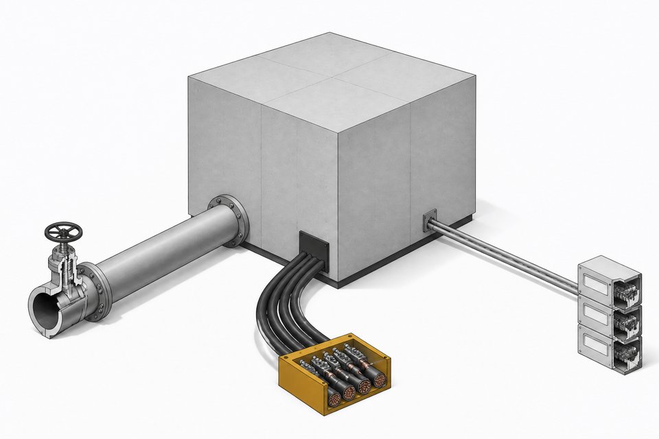 A sealed data-center module with three exposed conduits—water, power, and metering—radiating outward to show where cloud infrastructure costs actually travel.