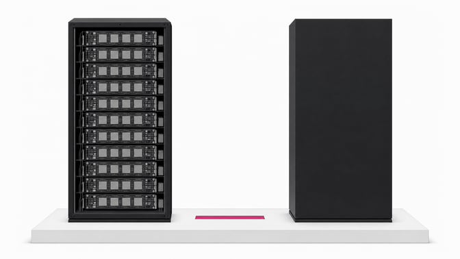 Illustration contrasting an open server rack showing rows of visible GPU boards against a sealed, featureless monolith of the same size, representing locally run open-weight AI hardware versus opaque cloud infrastructure.