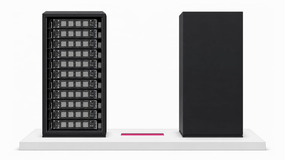 Illustration contrasting an open server rack showing rows of visible GPU boards against a sealed, featureless monolith of the same size, representing locally run open-weight AI hardware versus opaque cloud infrastructure.