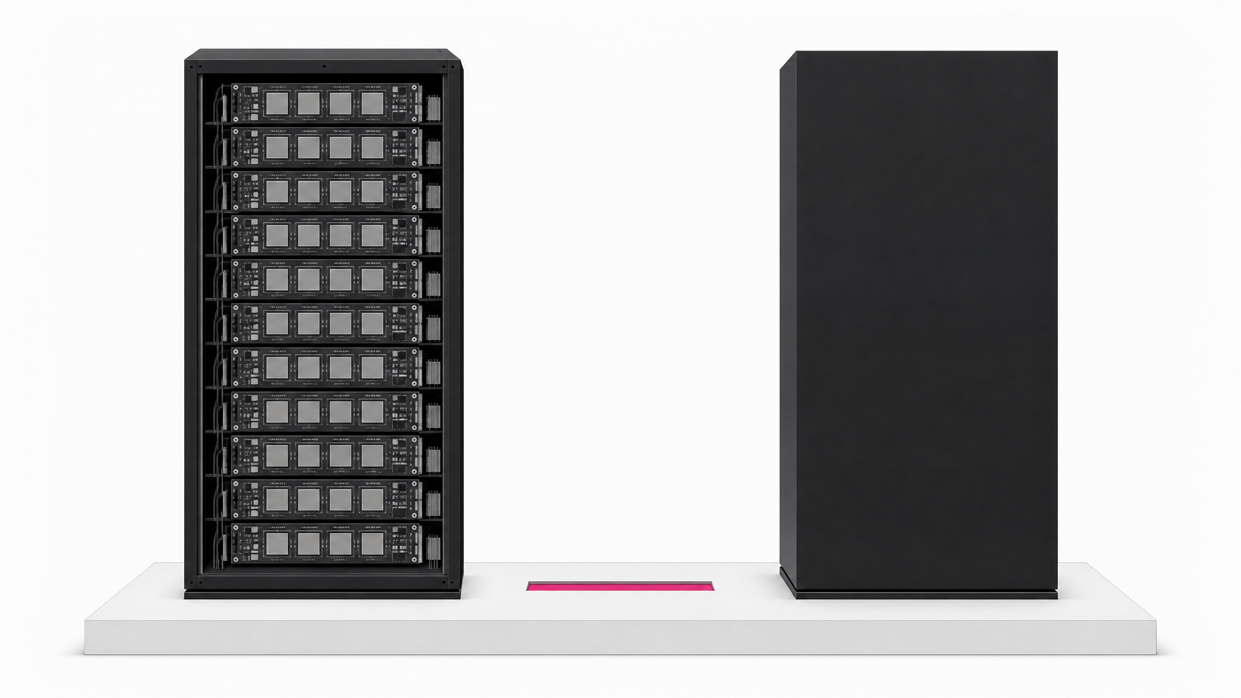 Illustration contrasting an open server rack showing rows of visible GPU boards against a sealed, featureless monolith of the same size, representing locally run open-weight AI hardware versus opaque cloud infrastructure.