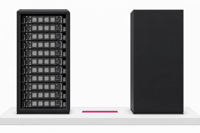 Illustration contrasting an open server rack showing rows of visible GPU boards against a sealed, featureless monolith of the same size, representing locally run open-weight AI hardware versus opaque cloud infrastructure.